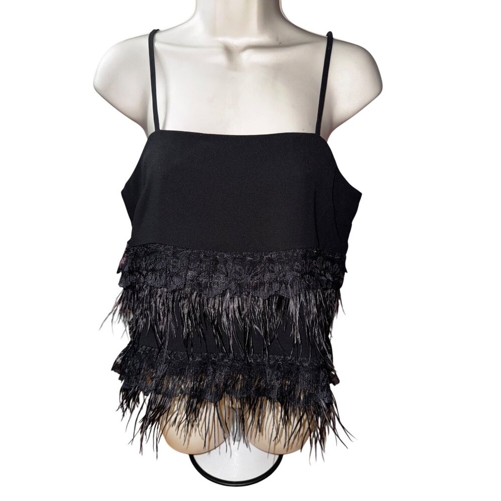 Black Feathered Camisole Top Small Sexy Classic Whimsy Goth Fancy Y2K‎ Punk Luxe